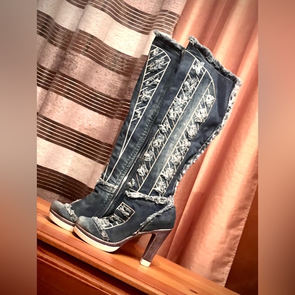 New HANDCRAFTED blue denim High heel boots size 37 - Picture 4 of 11